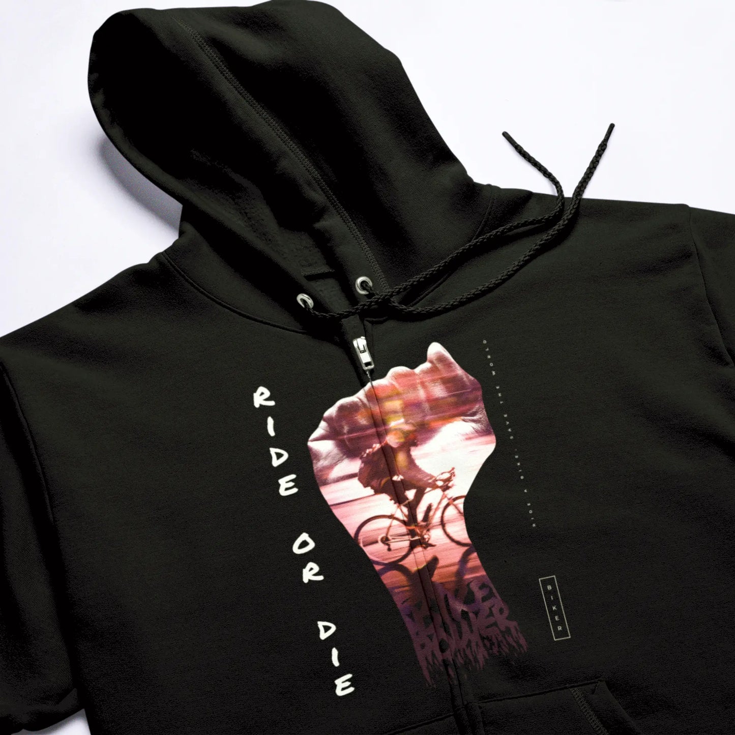 Black ride or die zip cycling hoodie - μαύρη ζακέτα κουκούλα ποδηλάτης με urban bike rider design για cycling enthusiasts