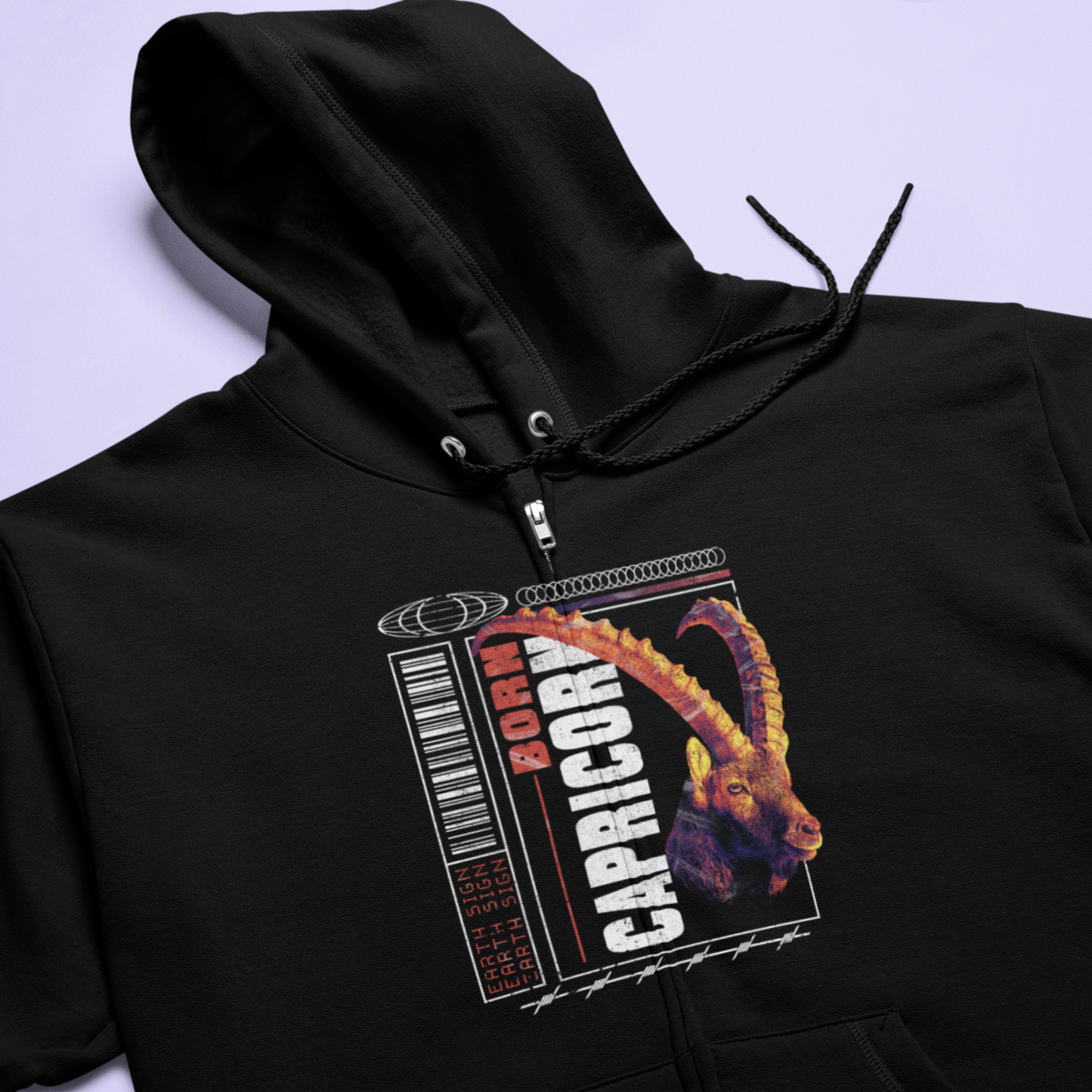 Black stable Capricorn zip hoodie with comfortable fit and statement about practical energy and zodiac foundations / Μαύρη σταθερή ζακέτα Αιγόκερου με άνετο fit και δήλωση για πρακτική ενέργεια και ζωδιακά θεμέλια