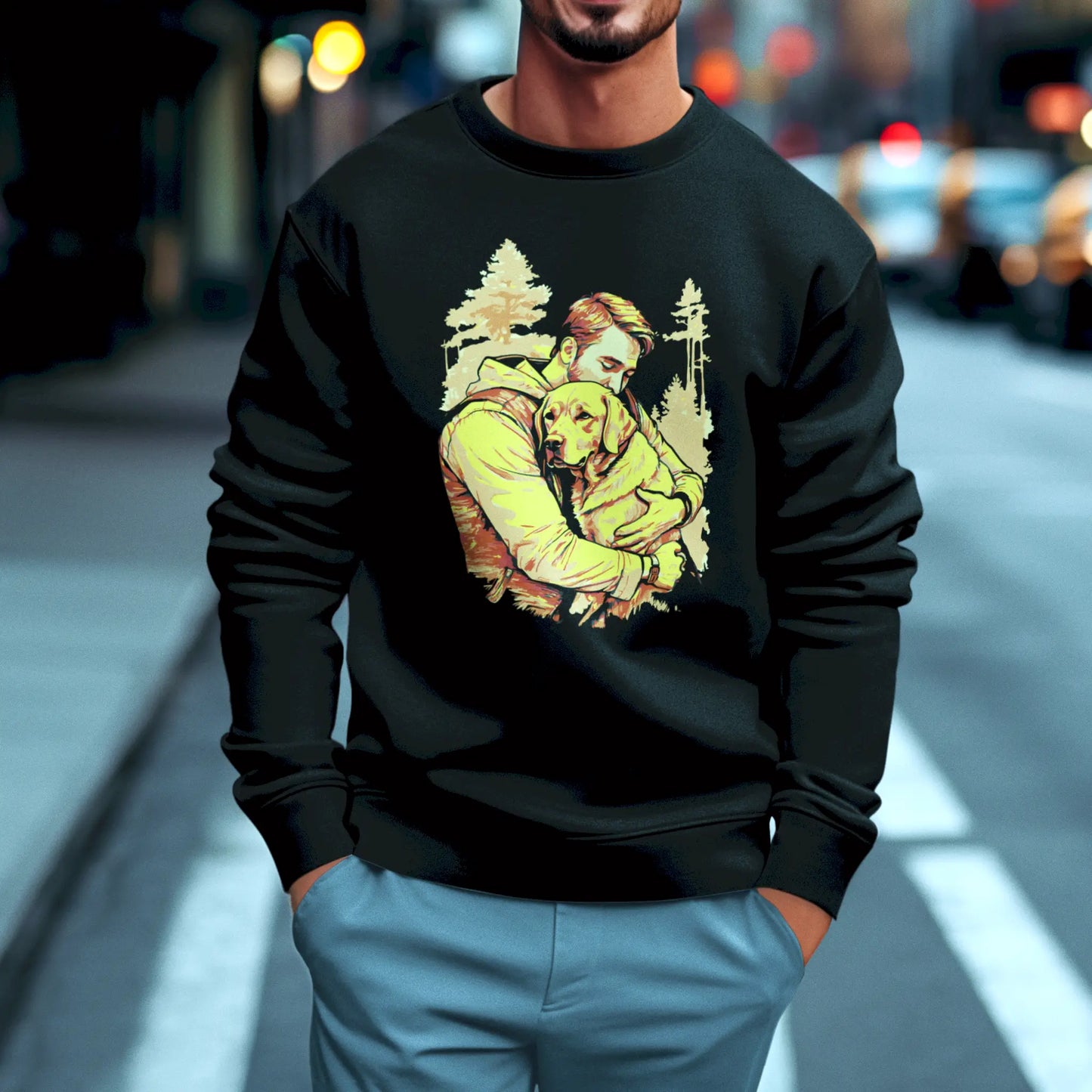 Black sweatshirt enhances the intimate emotional story of man and dog -
Το μαύρο φούτερ αναδεικνύει την οικεία συγκινητική ιστορία του ανθρώπου και του σκύλου.
