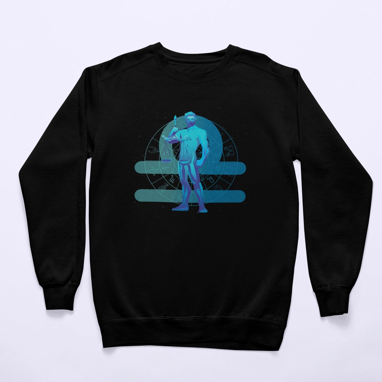 Black sweatshirt featuring Libra zodiac scales, tailored for contemporary astrology fashion – Μαύρο φούτερ με ζυγαριά του Ζυγού, σχεδιασμένο για τη σύγχρονη αστρολογική μόδα.