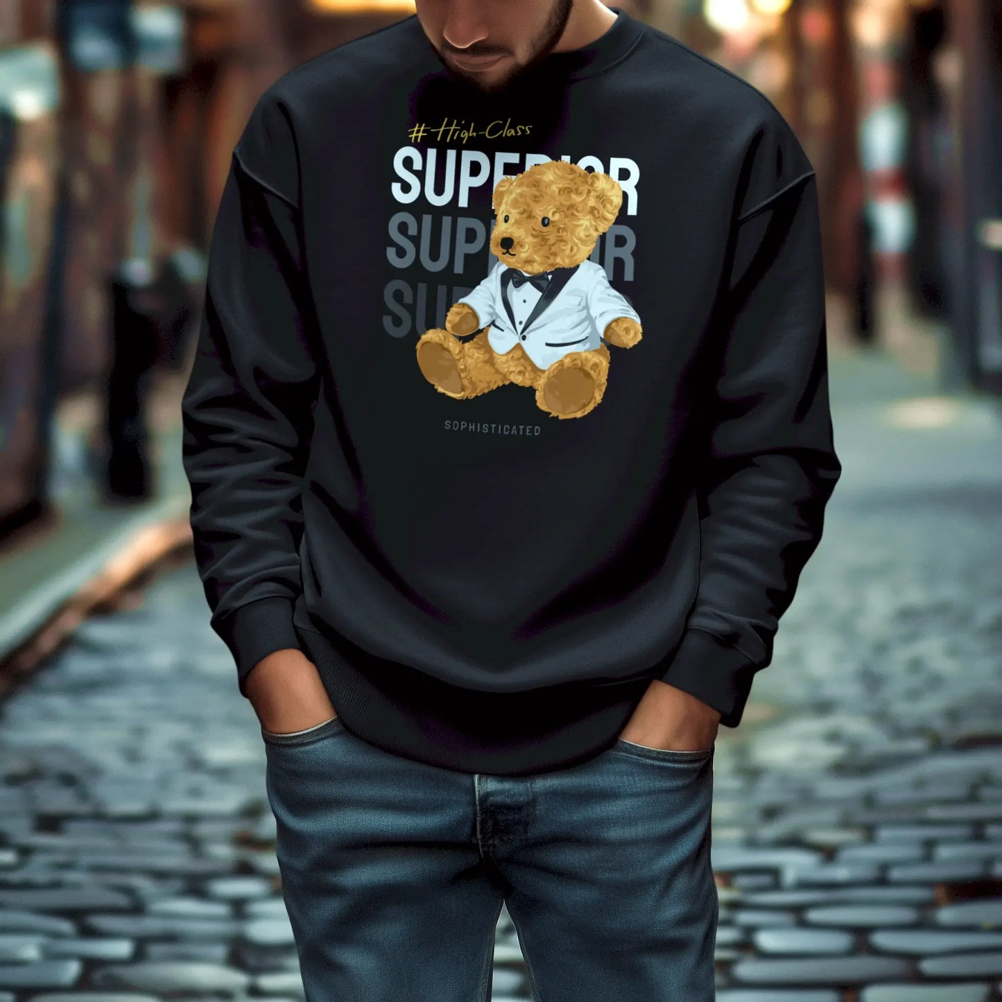 Black sweatshirt featuring an elegant teddy bear in a tuxedo – Μαύρο φούτερ με κομψό αρκουδάκι σε σμόκιν