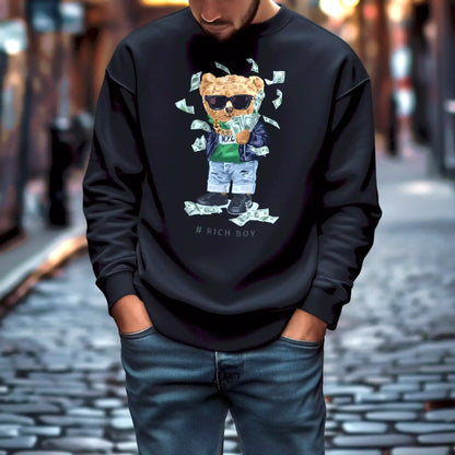 Black sweatshirt featuring teddy in shades blasting money – Μαύρο φούτερ με αρκουδάκι με γυαλιά που πετάει χρήματα