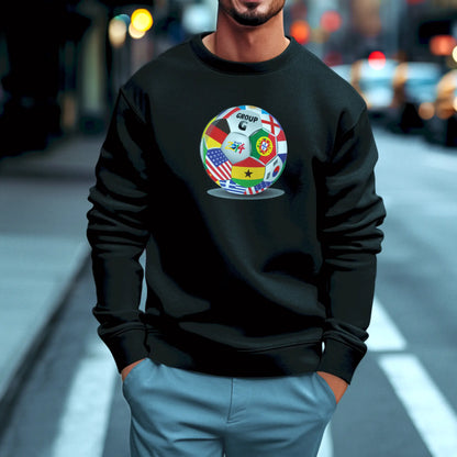 Black sweatshirt highlighting colorful international football design. | Μαύρο φούτερ που αναδεικνύει το πολύχρωμο διεθνές ποδοσφαιρικό σχέδιο.