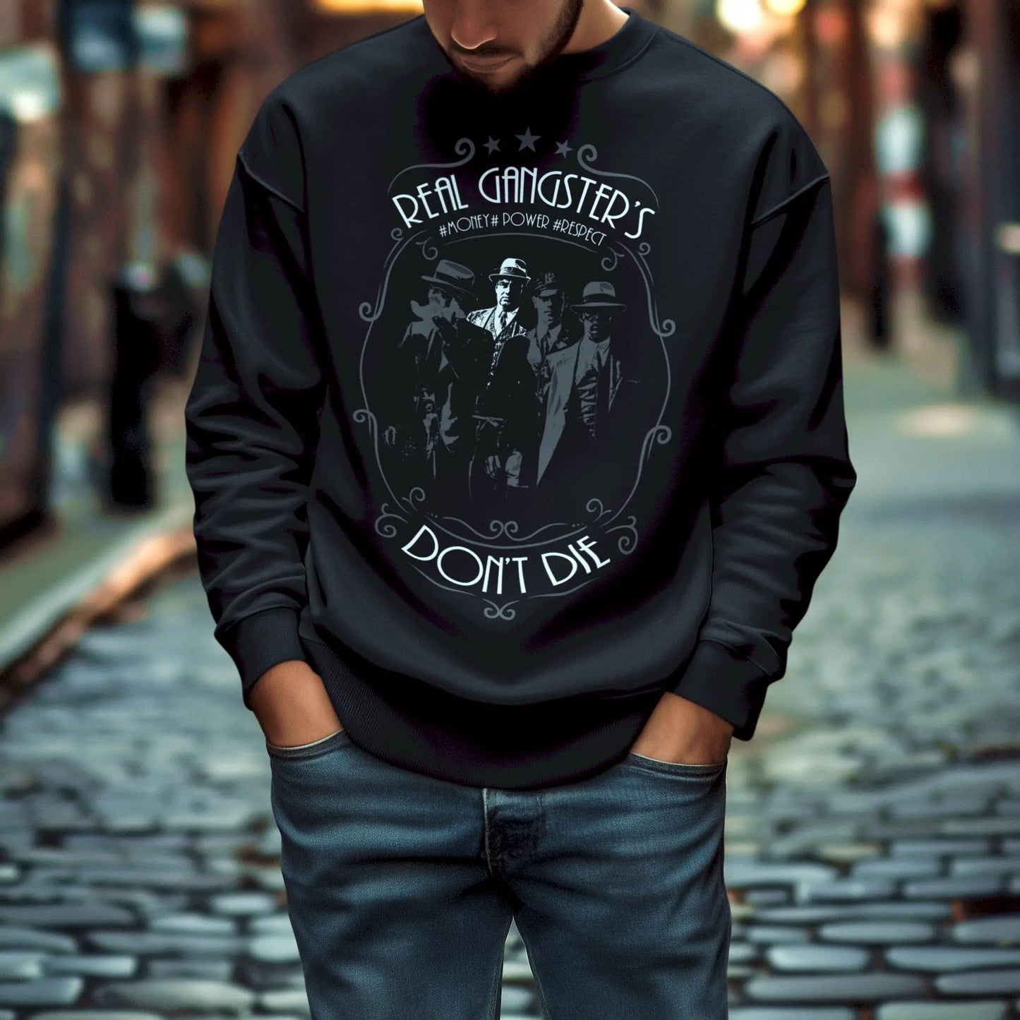 Black sweatshirt showcasing old-school gangsters with fedora hats – Μαύρο φούτερ με παραδοσιακούς γκάνγκστερ με καπέλα fedora