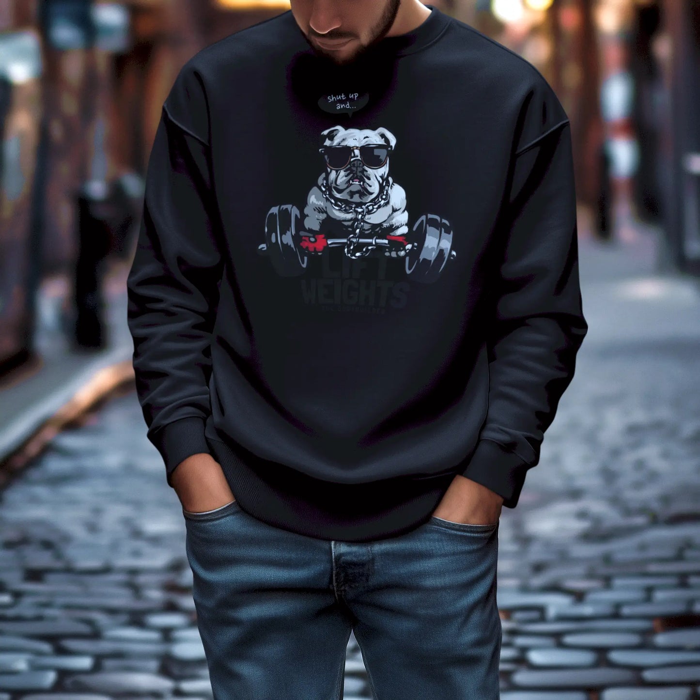 Black sweatshirt with graphic of dog lifting heavy – Μαύρη μπλούζα με θεματική γυμναστηρίου και σκύλο