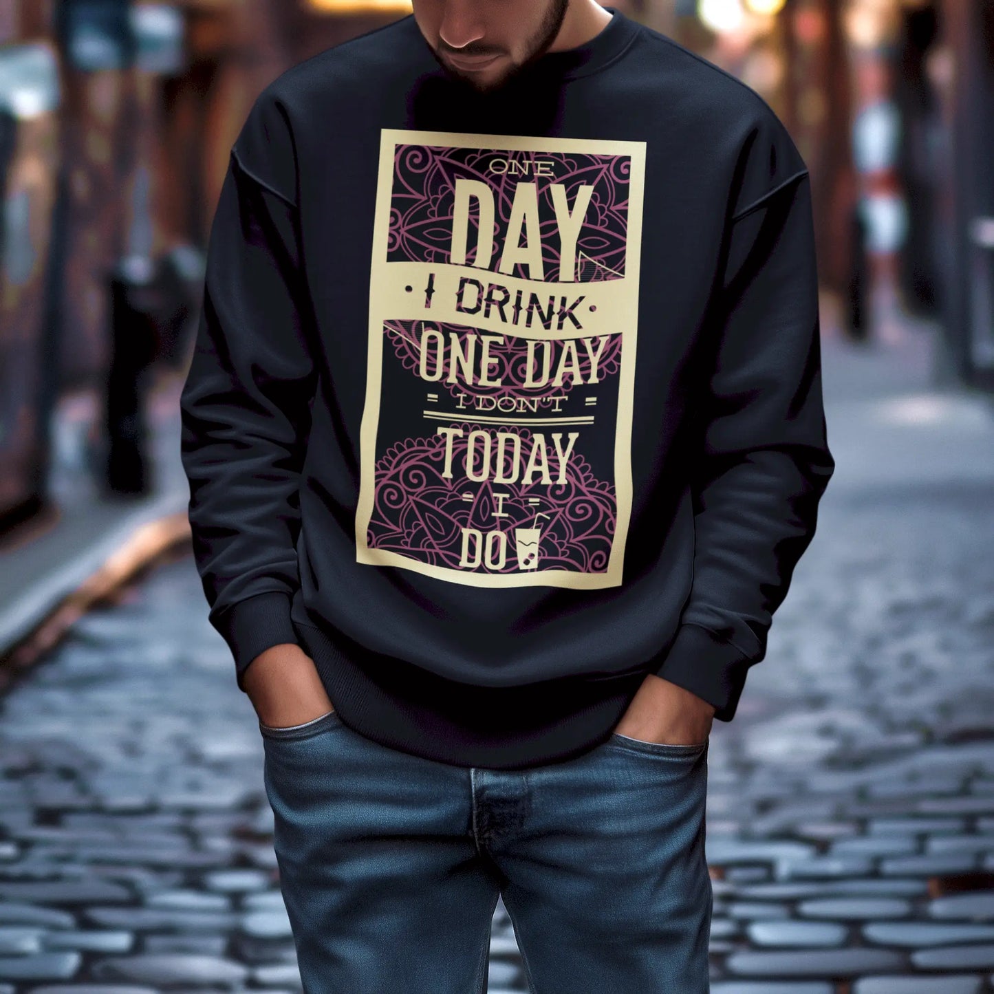 Black sweatshirt with large “One day I drink...” print and mugs – Μαύρο sweatshirt με μεγάλη στάμπα “One day I drink...” και ποτήρια