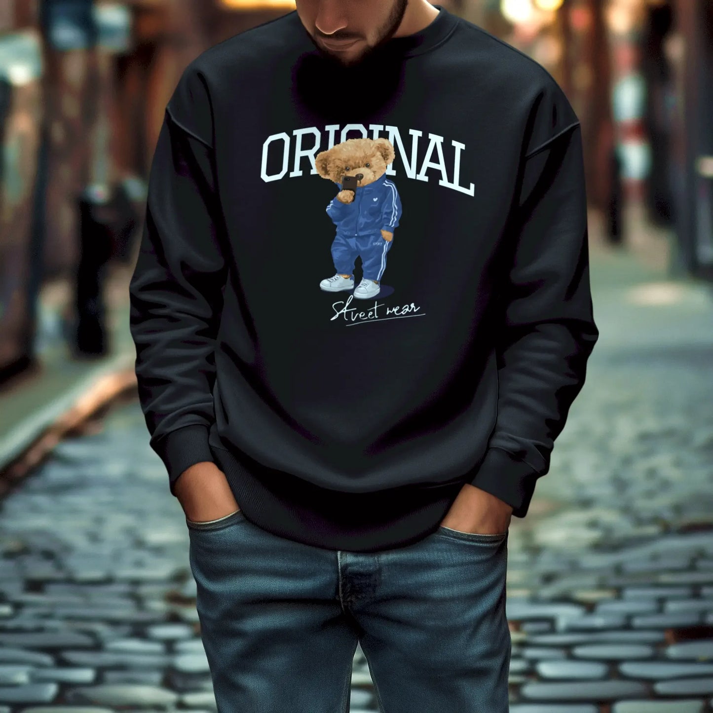 Black sweatshirt with sleek urban bear design – Μαύρο φούτερ με κομψό σχέδιο αστικού αρκούδου