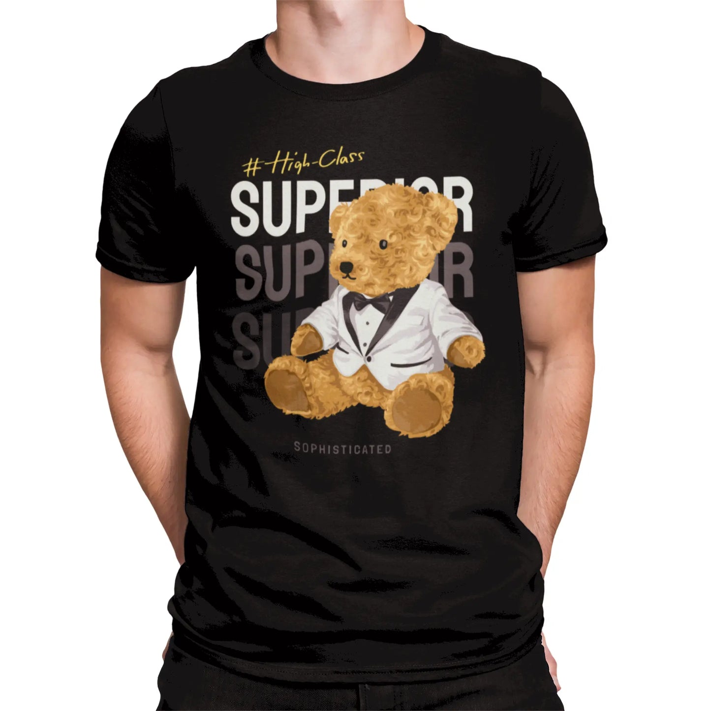 Black t-shirt featuring an elegant teddy bear in a tuxedo – Μαύρη μπλούζα με κομψό αρκουδάκι σε σμόκιν