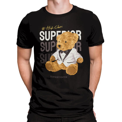Black t-shirt featuring an elegant teddy bear in a tuxedo – Μαύρη μπλούζα με κομψό αρκουδάκι σε σμόκιν