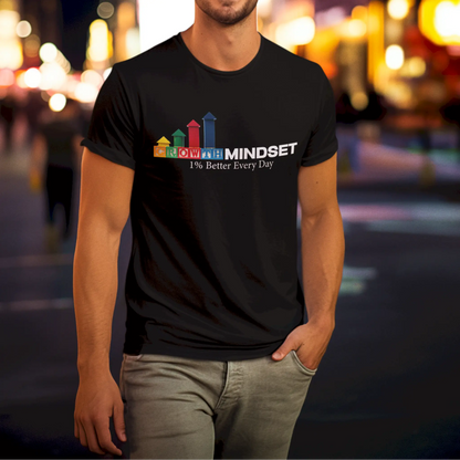 Black t-shirt with 'Growth Mindset' design in bold black letters – Μαύρο t-shirt με σχέδιο 'Growth Mindset' σε έντονα μαύρα γράμματα, παρουσιασμένο με χρωματιστά βέλη προόδου