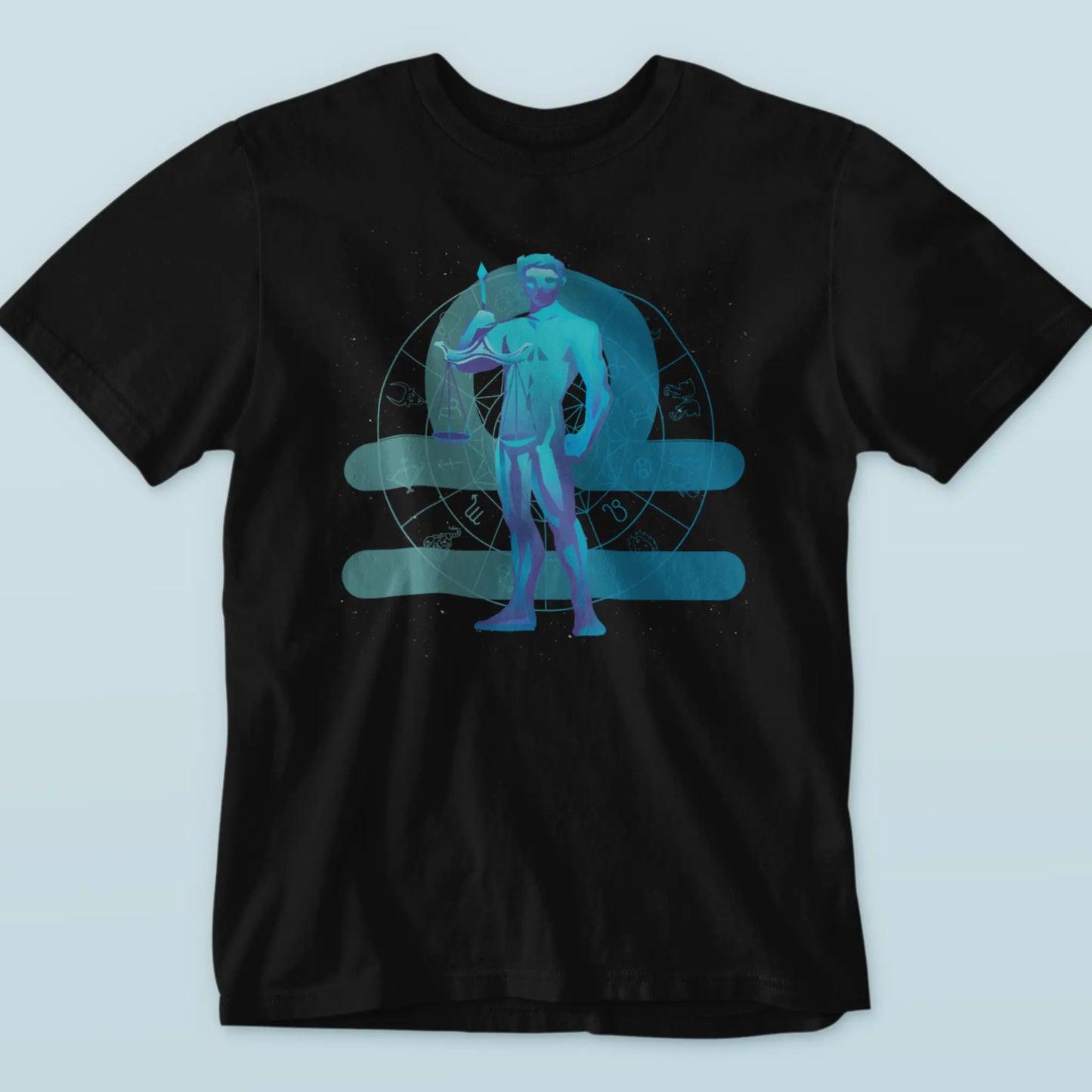 Black t-shirt with a Libra scales zodiac motif for a balanced lifestyle – Μαύρο μπλουζάκι με μοτίβο ζωδιακού Ζυγού και ζυγαριάς για ισορροπημένο τρόπο ζωής.