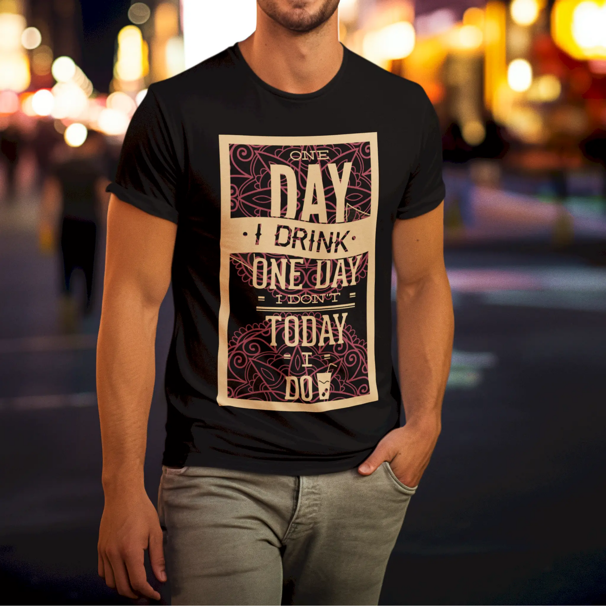 Black t-shirt with a fun beer-themed graphic and the text “One day I drink...” – Μαύρο t-shirt με αστείο σχέδιο μπύρας και το κείμενο “One day I drink