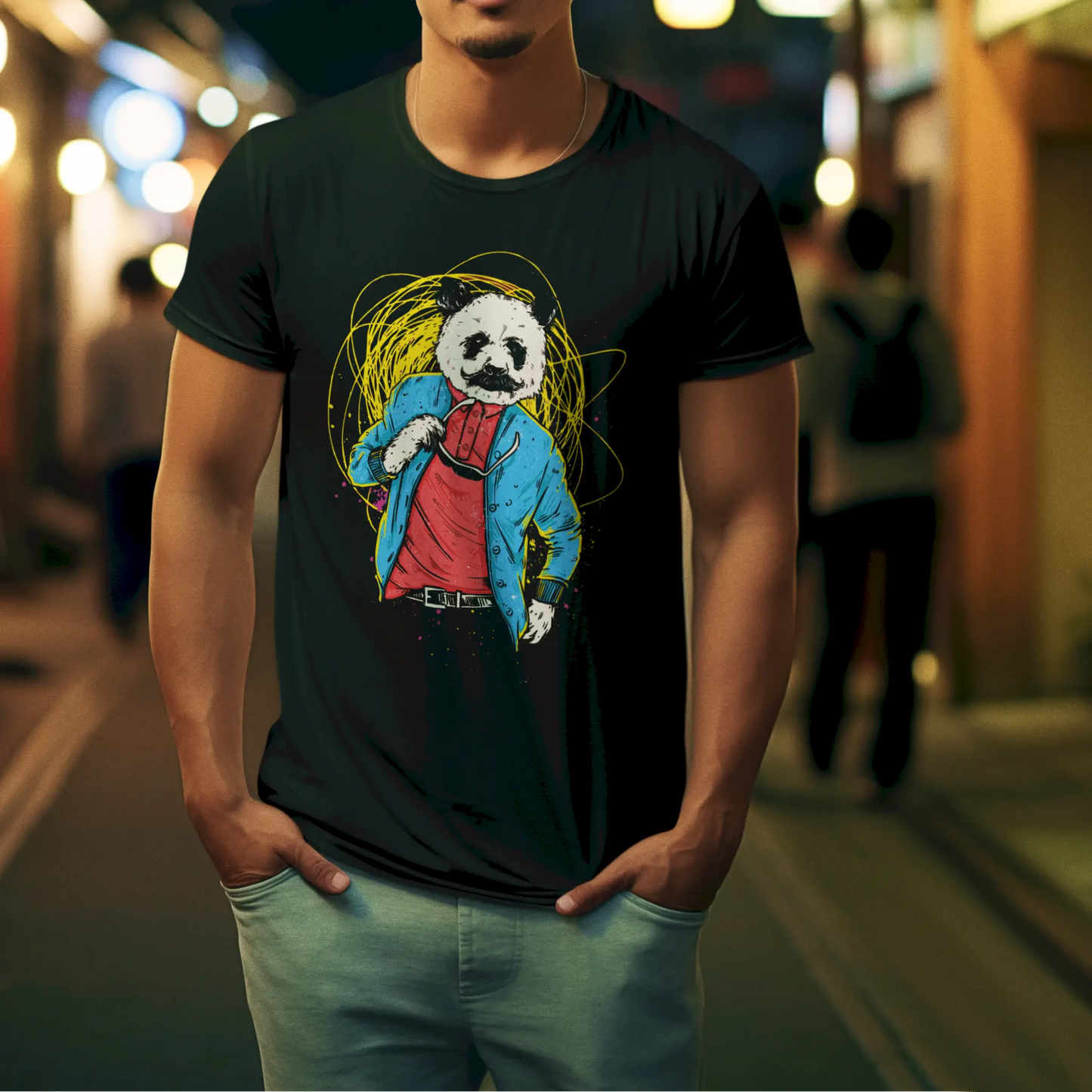 Black t-shirt with chill panda design exuding peaceful energy – Μαύρο μπλουζάκι με σχέδιο panda που αποπνέει γαλήνια ενέργεια