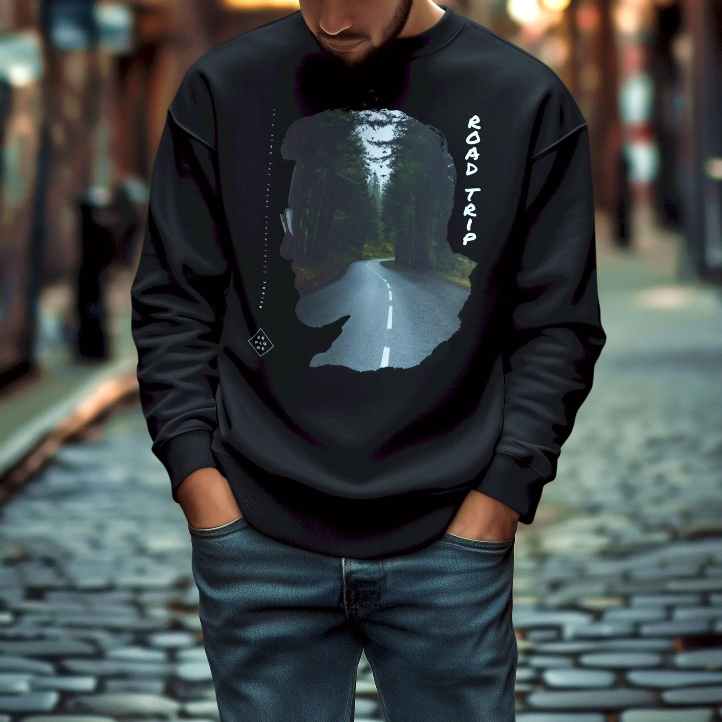 Μαύρο wilderness sweatshirt featuring forest silhouette art - φυσική ομορφιά σε μαύρη φούτερ για hiking lovers και nature photography