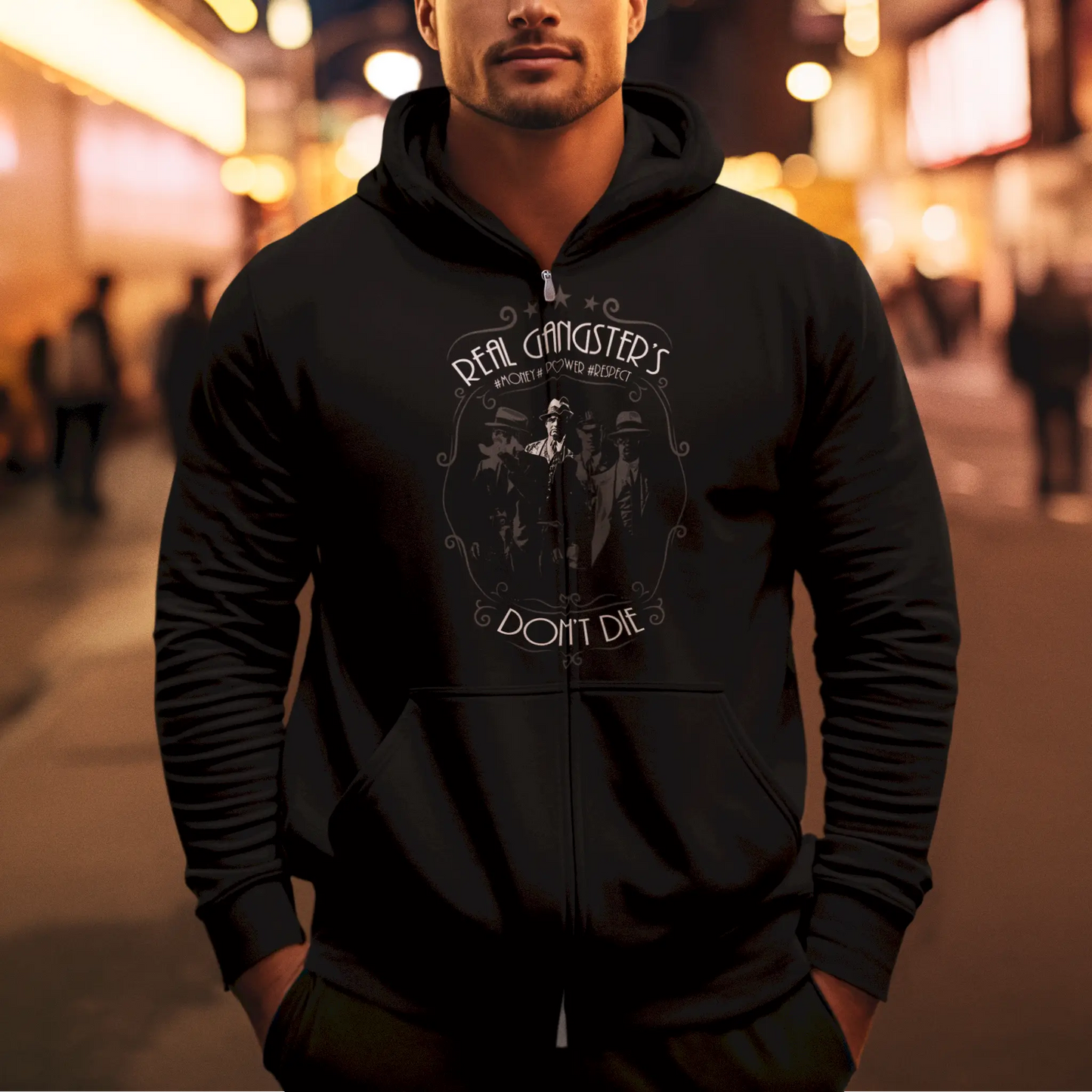 Black zip-up hoodie featuring gang legends and typography – Μαύρο hoodie με φερμουάρ και μορφές μαφιόζων με τυπογραφία