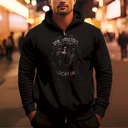 Black zip-up hoodie featuring gang legends and typography – Μαύρο hoodie με φερμουάρ και μορφές μαφιόζων με τυπογραφία