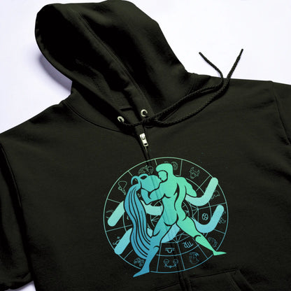 Black zip hoodie Aquarius zodiac artwork – Μαύρη ζακέτα κουκούλα με Υδροχόο και ζωδιακό κύκλο.