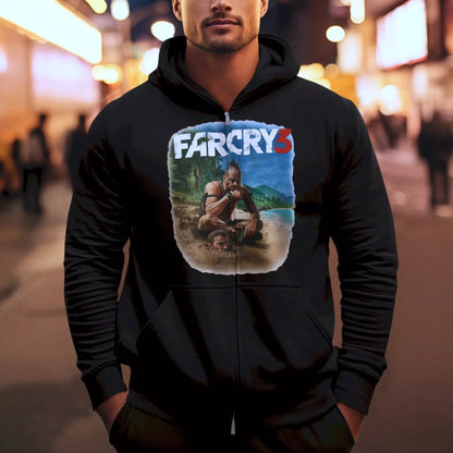 Black zip hoodie with Far Cry 3 front print and cult fade effect, ideal for gamers in motion – Μαύρη ζακέτα με print Far Cry 3 μπροστά και cult fade αποτέλεσμα, ιδανική για gamers σε κίνηση