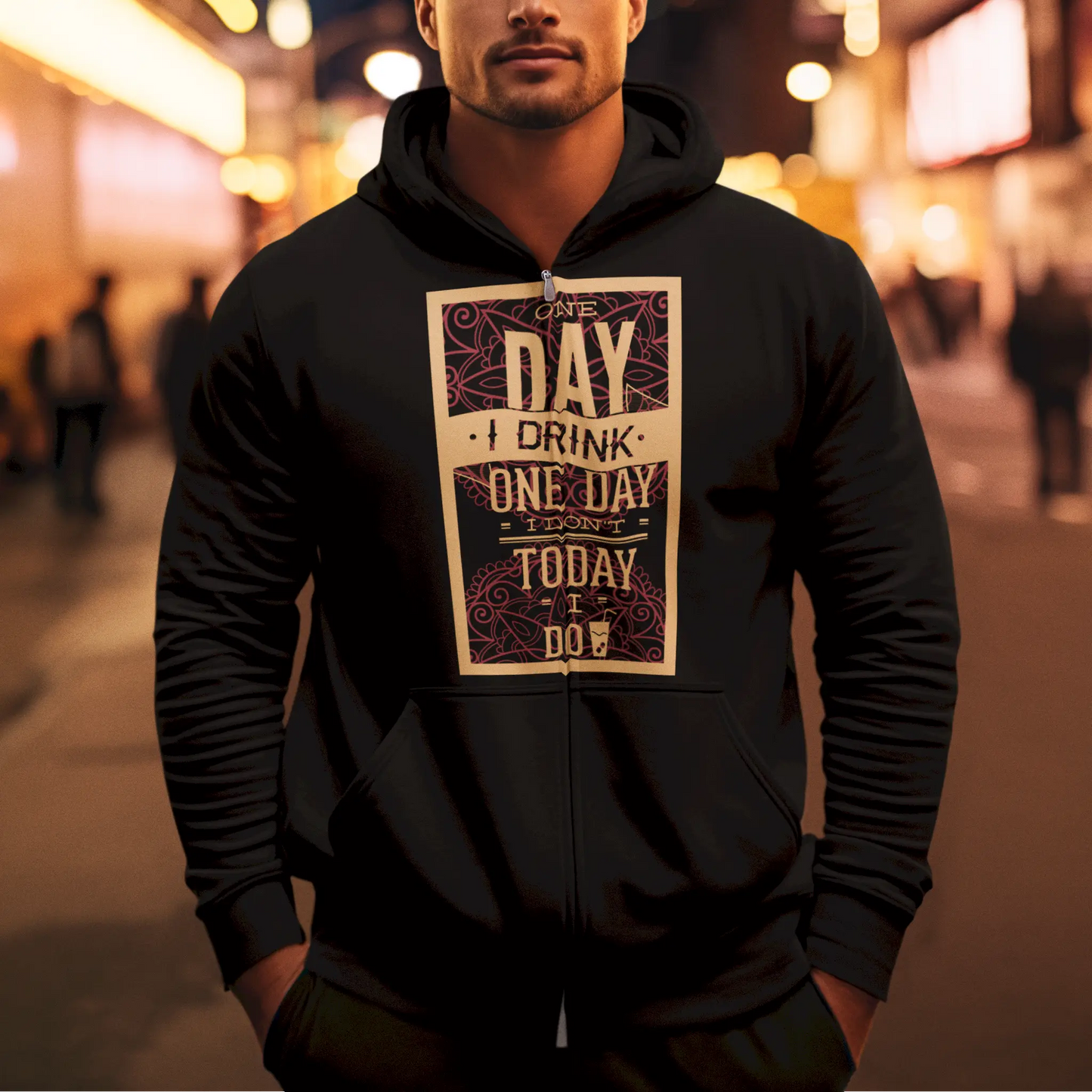 Black zip hoodie with beers on chest and drinking cycle phrase – Μαύρο zip hoodie με μπύρες στο στήθος και φράση “πίνω  δεν πίνω”