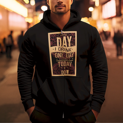 Black zip hoodie with beers on chest and drinking cycle phrase – Μαύρο zip hoodie με μπύρες στο στήθος και φράση “πίνω  δεν πίνω”