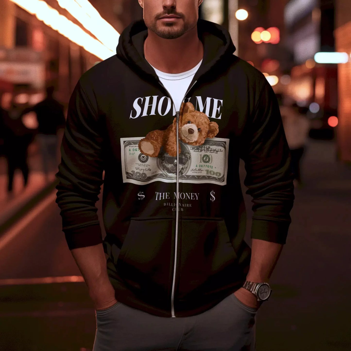 Black zip hoodie with cash-spraying teddy bear in full bling mode – Μαύρη ζακέτα hoodie με αρκουδάκι που πετάει χρήμα σε full bling διάθεση