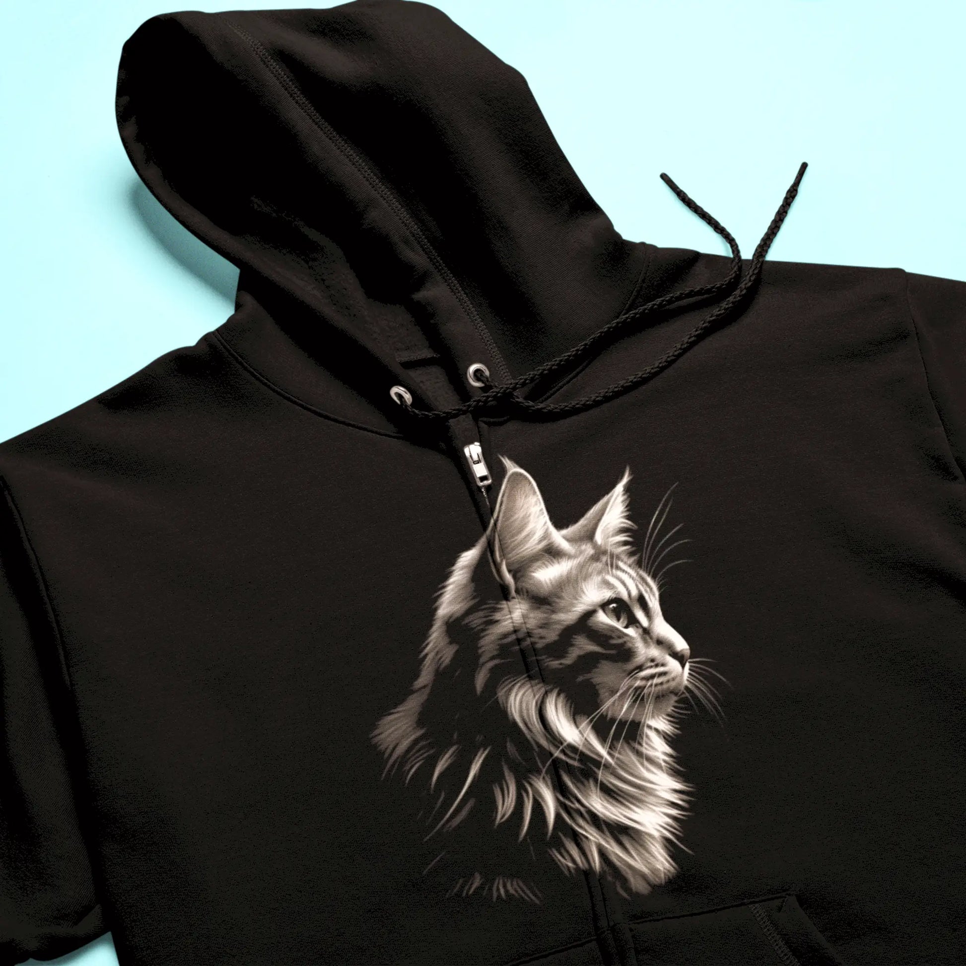 Black zip hoodie with clean cat illustration – Ασπρόμαυρο σχέδιο γάτας σε κομψό φούτερ ζακέτα