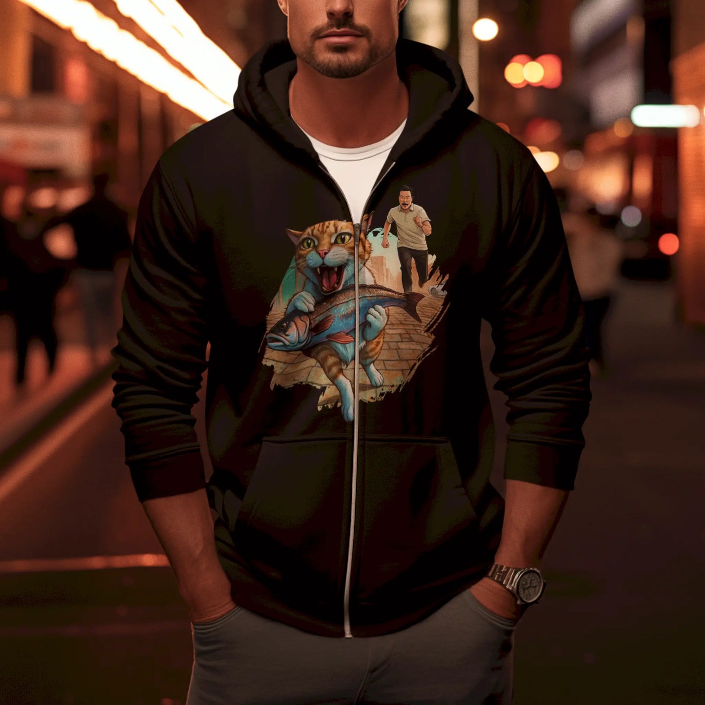 Black zip hoodie with convenient zipper featuring hilarious cat fish heist - μαύρο zip hoodie με βολικό φερμουάρ και ξεκαρδιστική ληστεία γάτας-ψαριού