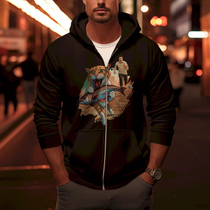 Black zip hoodie with convenient zipper featuring hilarious cat fish heist - μαύρο zip hoodie με βολικό φερμουάρ και ξεκαρδιστική ληστεία γάτας-ψαριού