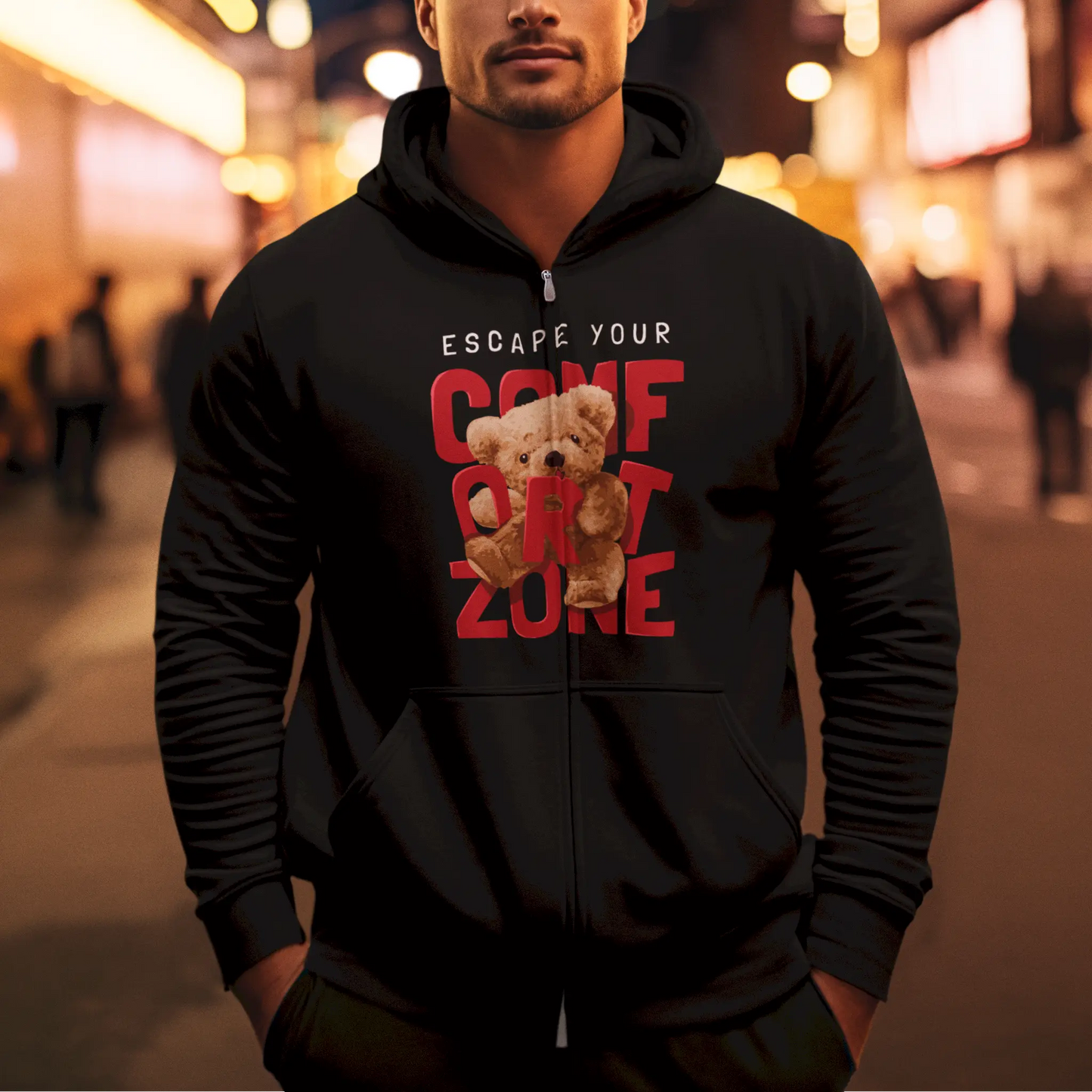 Black zip hoodie with cute teddy bear growth inspiration design – Μαύρο zip hoodie με χαριτωμένο teddy bear ανάπτυξη έμπνευση design