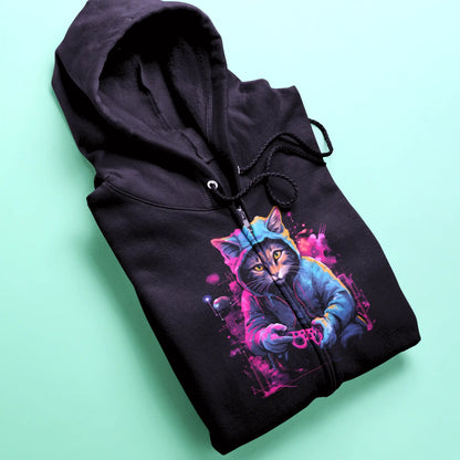 Black zip hoodie with cyberpunk gaming cat and convenient zipper access - μαύρο zip hoodie με κυβερνοπάνκ gaming γάτα και βολική πρόσβαση φερμουάρ