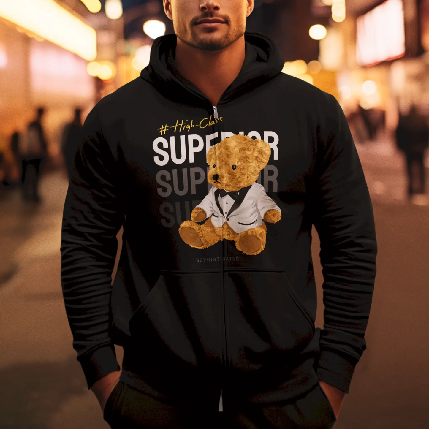 Black zip hoodie with elegant teddy bear print exuding sophistication – Μαύρη ζακέτα με κουκούλα και φερμουάρ με κομψή στάμπα αρκουδάκι που αποπνέει χλιδή