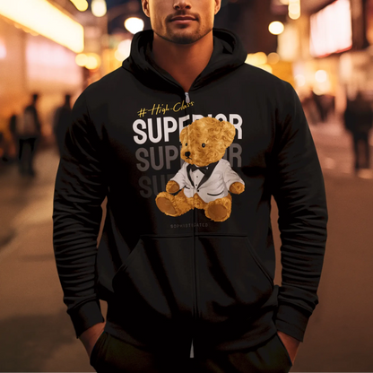 Black zip hoodie with elegant teddy bear print exuding sophistication – Μαύρη ζακέτα με κουκούλα και φερμουάρ με κομψή στάμπα αρκουδάκι που αποπνέει χλιδή