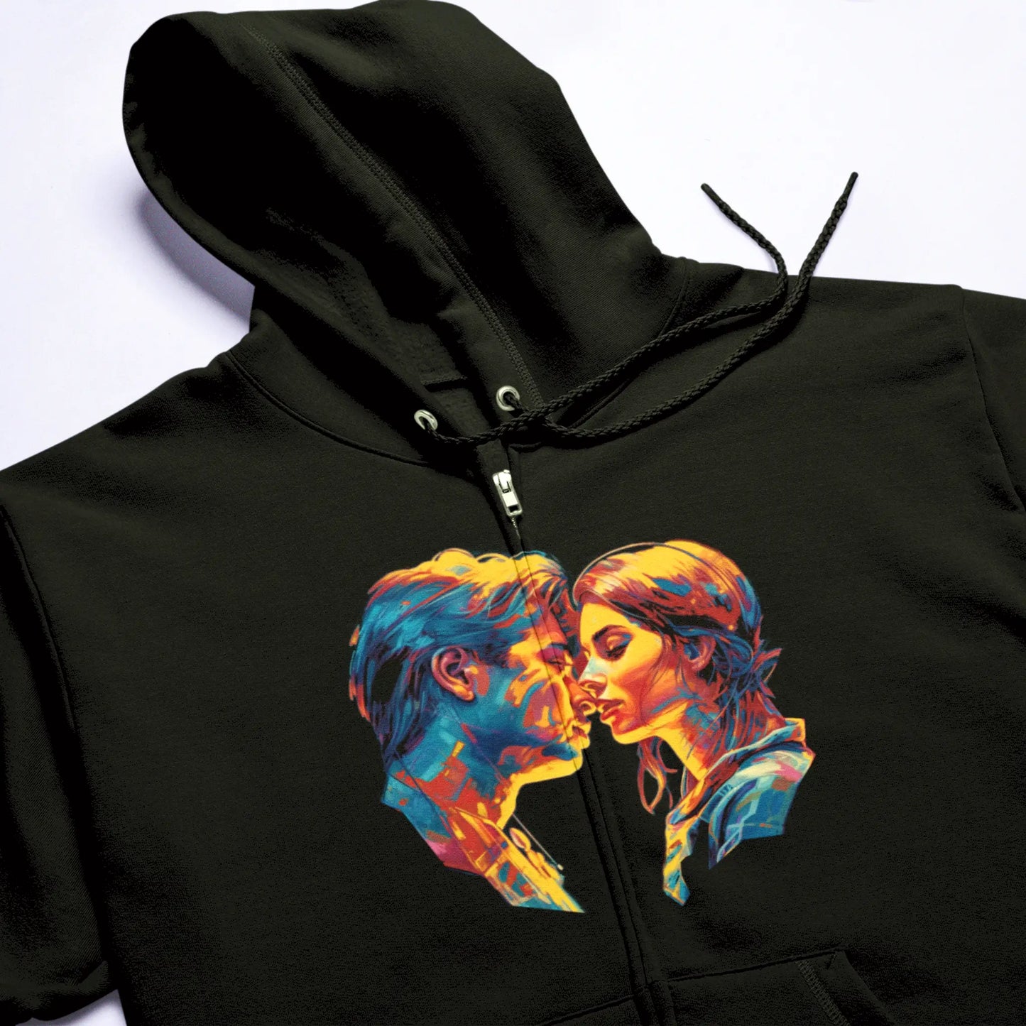 Black zip hoodie with glowing lovers’ embrace for expressive style – Μαύρη ζακέτα κουκούλα με λαμπερή αγκαλιά εραστών για εκφραστικό στυλ.