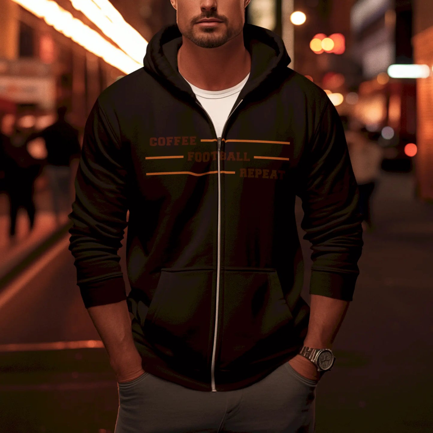 Black zip hoodie with printed routine of coffee and football – Μαύρο zip hoodie με τυπωμένη ρουτίνα καφέ και ποδοσφαίρου