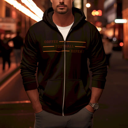 Black zip hoodie with printed routine of coffee and football – Μαύρο zip hoodie με τυπωμένη ρουτίνα καφέ και ποδοσφαίρου