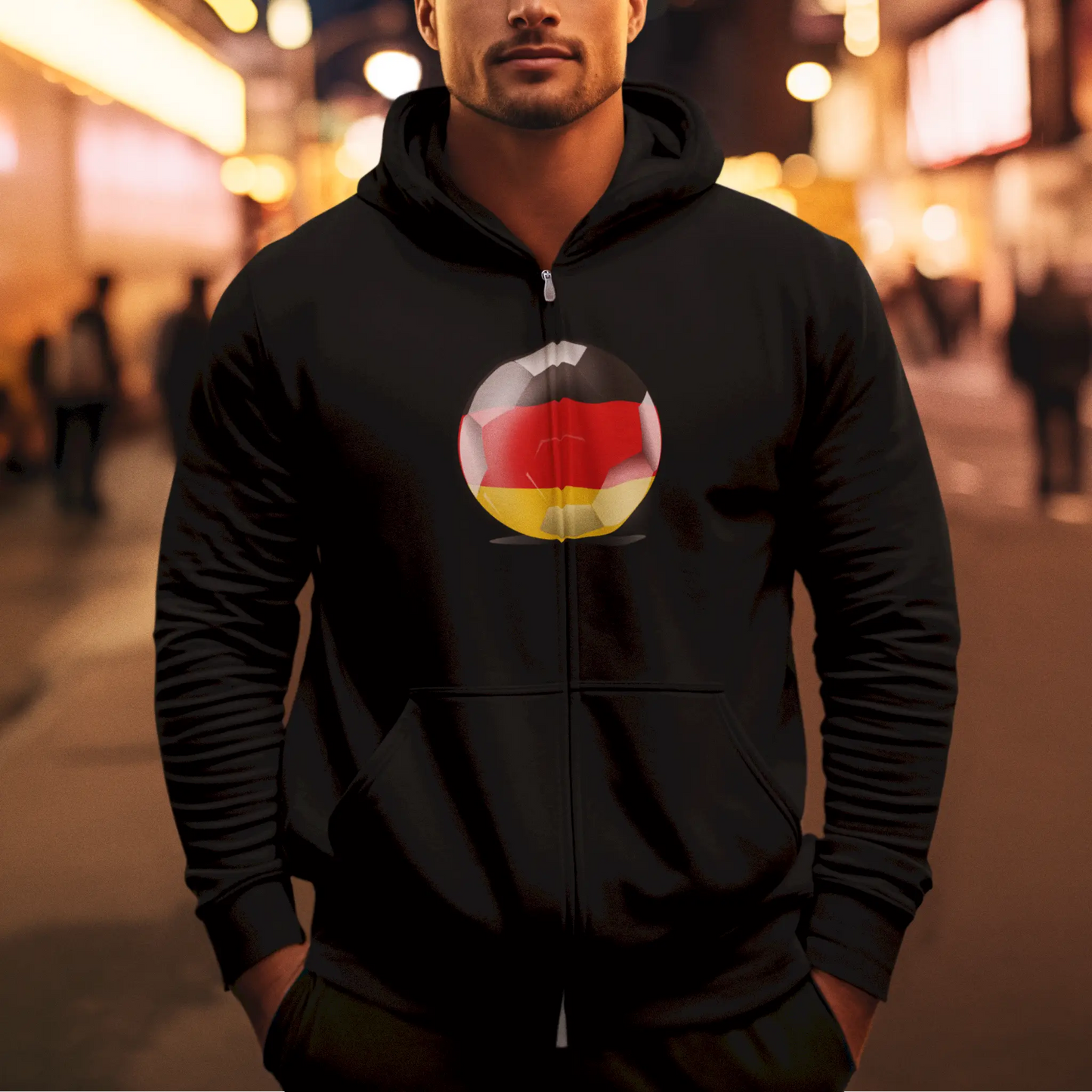 Black zip hoodie with sharp Germany flag ball design – modern and strong.
Μαύρο zip hoodie με κοφτερό σχέδιο μπάλας σημαίας Γερμανίας – μοντέρνο και δυνατό.