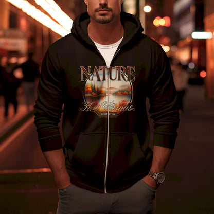 Black zip hoodie with vibrant sunset and forest scene – μαύρη ζακέτα κουκούλα με έντονο ηλιοβασίλεμα και σκηνή δάσους.
