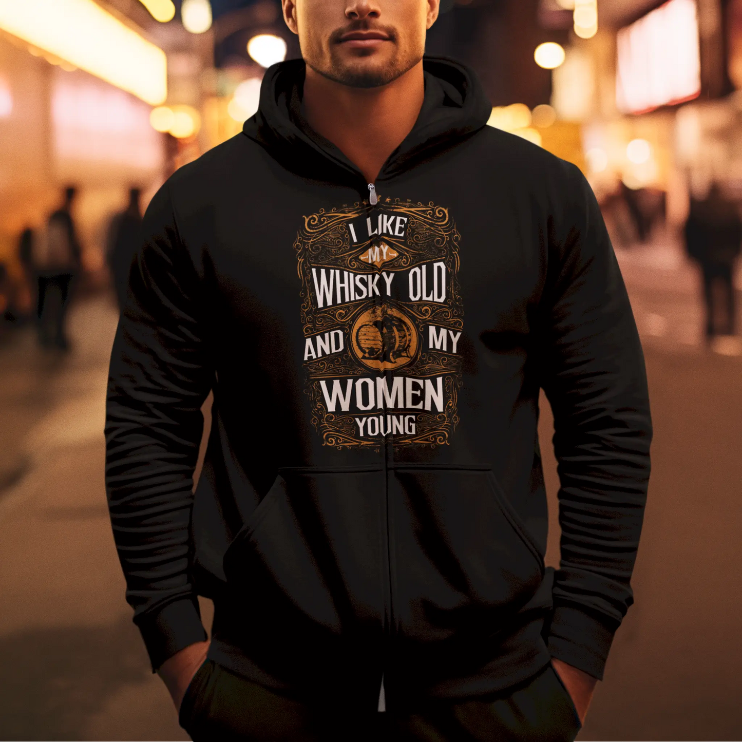 Black zip hoodie with whiskey quote and clean design – Μαύρη ζακέτα με κουκούλα με φράση για ουίσκι και καθαρό σχέδιο