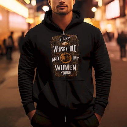 Black zip hoodie with whiskey quote and clean design – Μαύρη ζακέτα με κουκούλα με φράση για ουίσκι και καθαρό σχέδιο