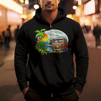 Black zip up hoodie featuring a vibrant καλοκαιρινό print με την εμβληματική κλούβα των 70s