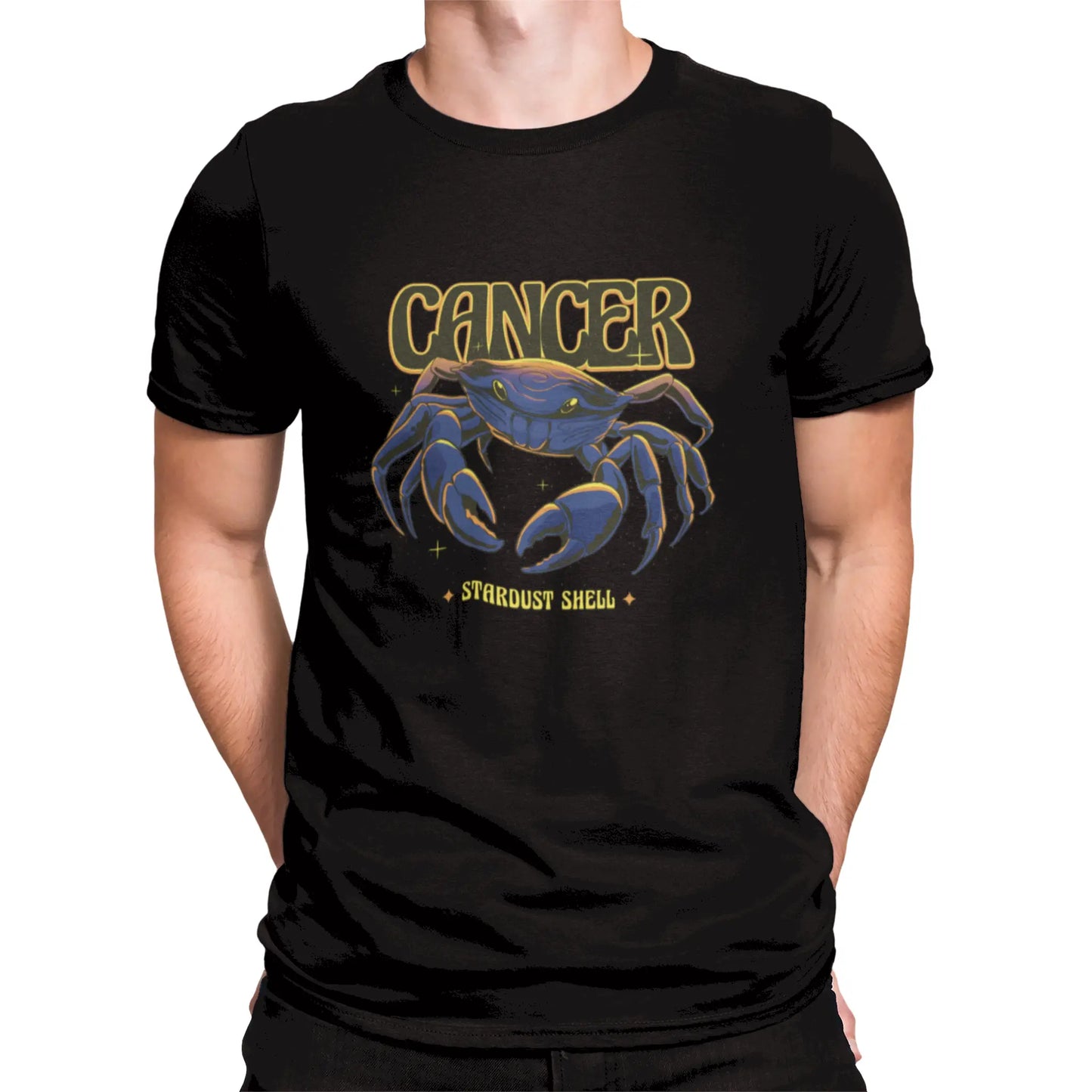 Bold Cancer sign black tee featuring starry crab artwork | Μαύρο t-shirt με έντονο καβούρι ζώδιο Καρκίνος με αστρικό φόντο