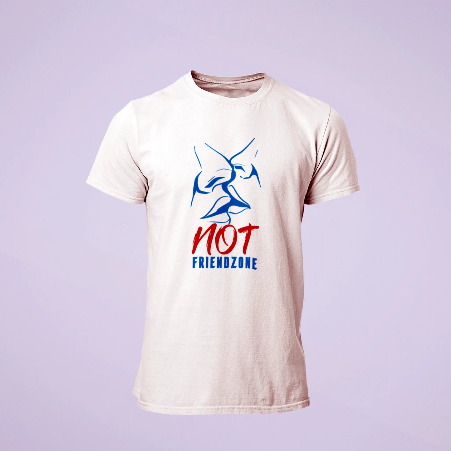 Bold 'Not Friendzone' kiss design printed on a white t-shirt – Έντονο σχέδιο φιλιού 'Not Friendzone' σε λευκό μπλουζάκι.