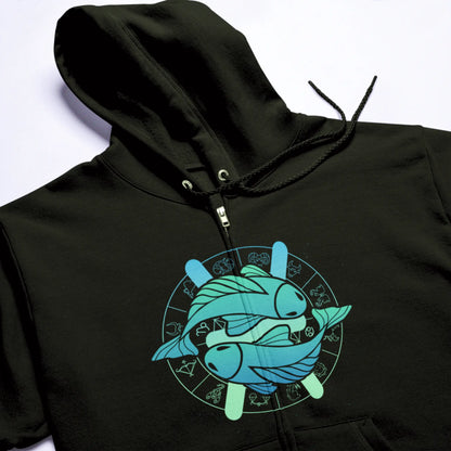 Bold Pisces astrology print on black zip hoodie – Έντονο print Ιχθύ αστρολογίας σε μαύρη ζακέτα κουκούλα.
