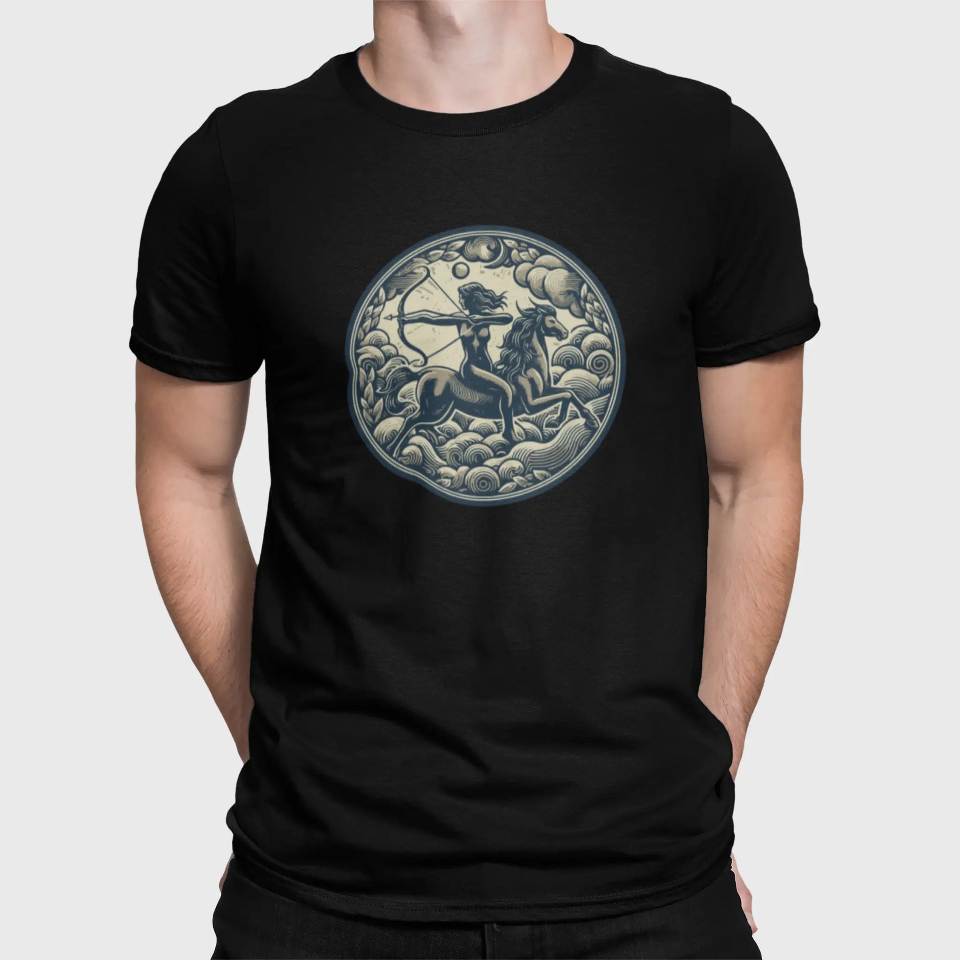 Bold Sagittarius centaur design on black t-shirt, unique astrology wear | Δυναμικός Τοξότης κένταυρος σε μαύρη μπλούζα, ξεχωριστό αστρολογικό ένδυμα