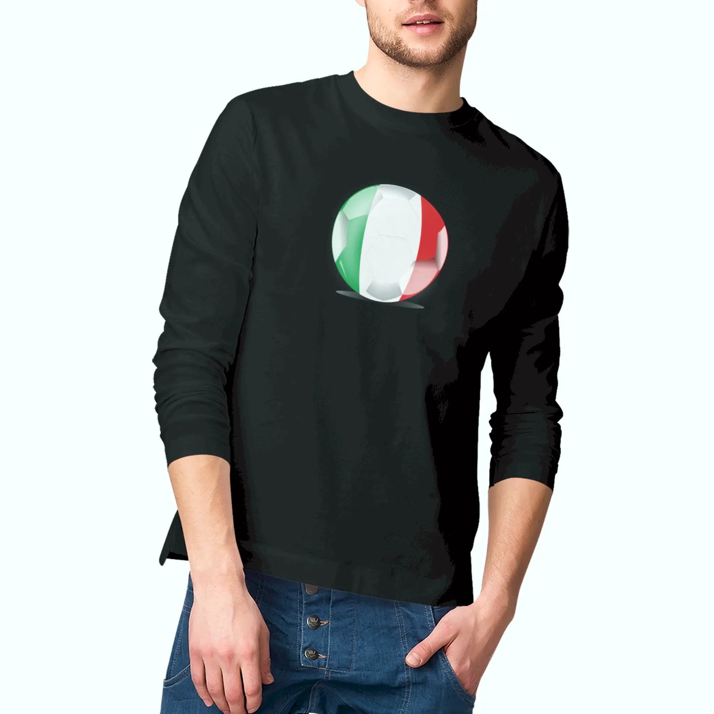 Bold black long sleeve tee with Italian football flag centerpiece. | Έντονη μακρυμάνικη μαύρη μπλούζα με κυρίαρχο design Ιταλικής μπάλας.