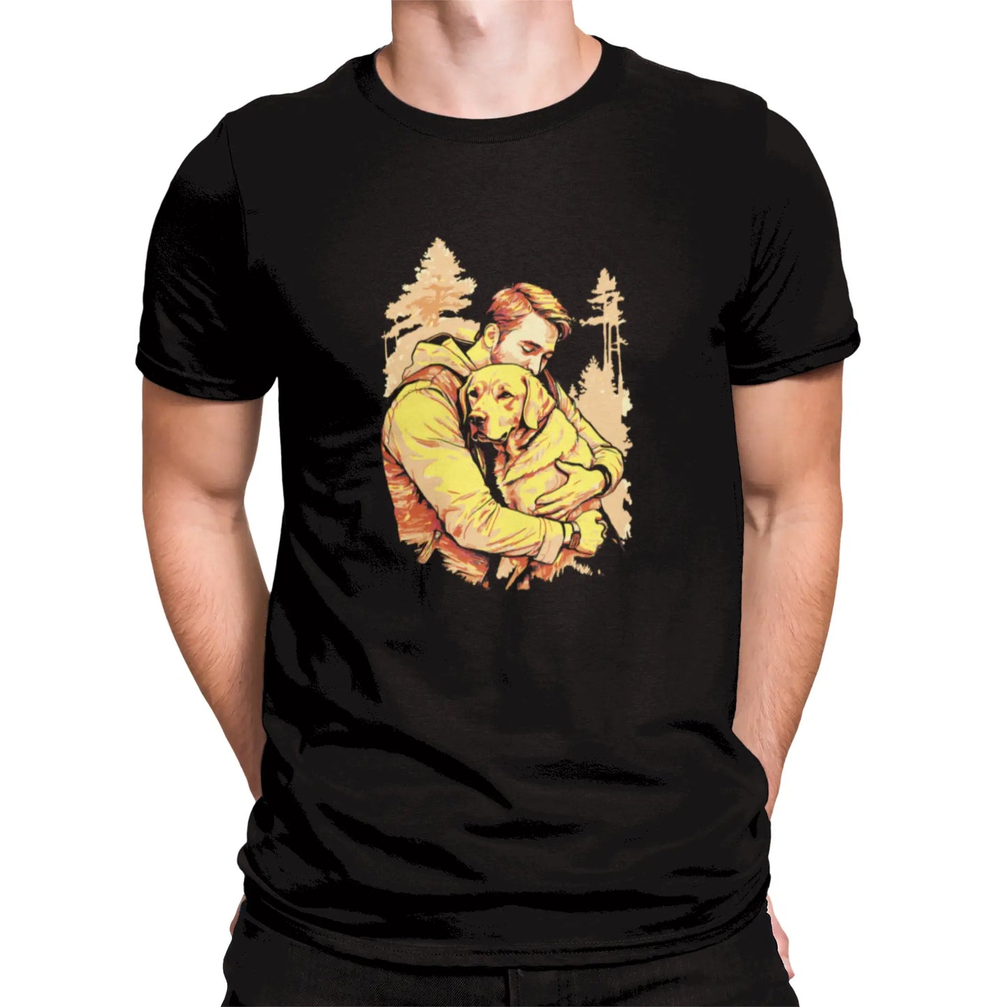 Bold black shirt featuring an intimate illustration of man’s best friend in his arms – Μαύρη μπλούζα με τρυφερό σχέδιο που δείχνει τον καλύτερο φίλο του ανθρώπου στην αγκαλιά του.