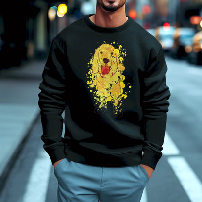 Bold black sweatshirt featuring a vivid Cocker Spaniel in watercolor art — Τολμηρό μαύρο φούτερ με ζωηρό Cocker Spaniel σε υδατογραφία.