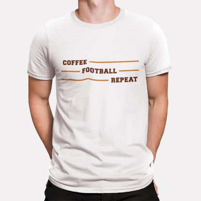 Bold brown "Coffee Football Repeat" text on white t-shirt – Τολμηρό καφέ λεκτικό αστείο σχέδιο "Coffee Football Repeat" σε λευκό t-shirt