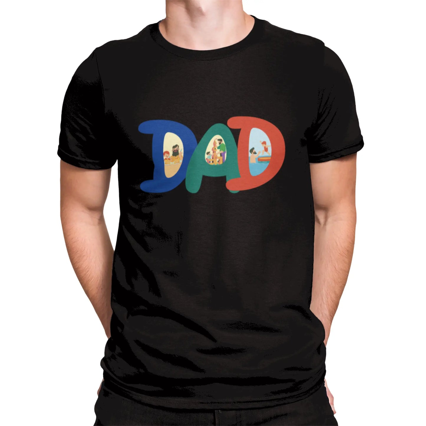 Bold dad design on a black t-shirt, featuring family fun scenes | Έντονο σχέδιο μπαμπά σε μαύρο t-shirt με οικογενειακές στιγμές