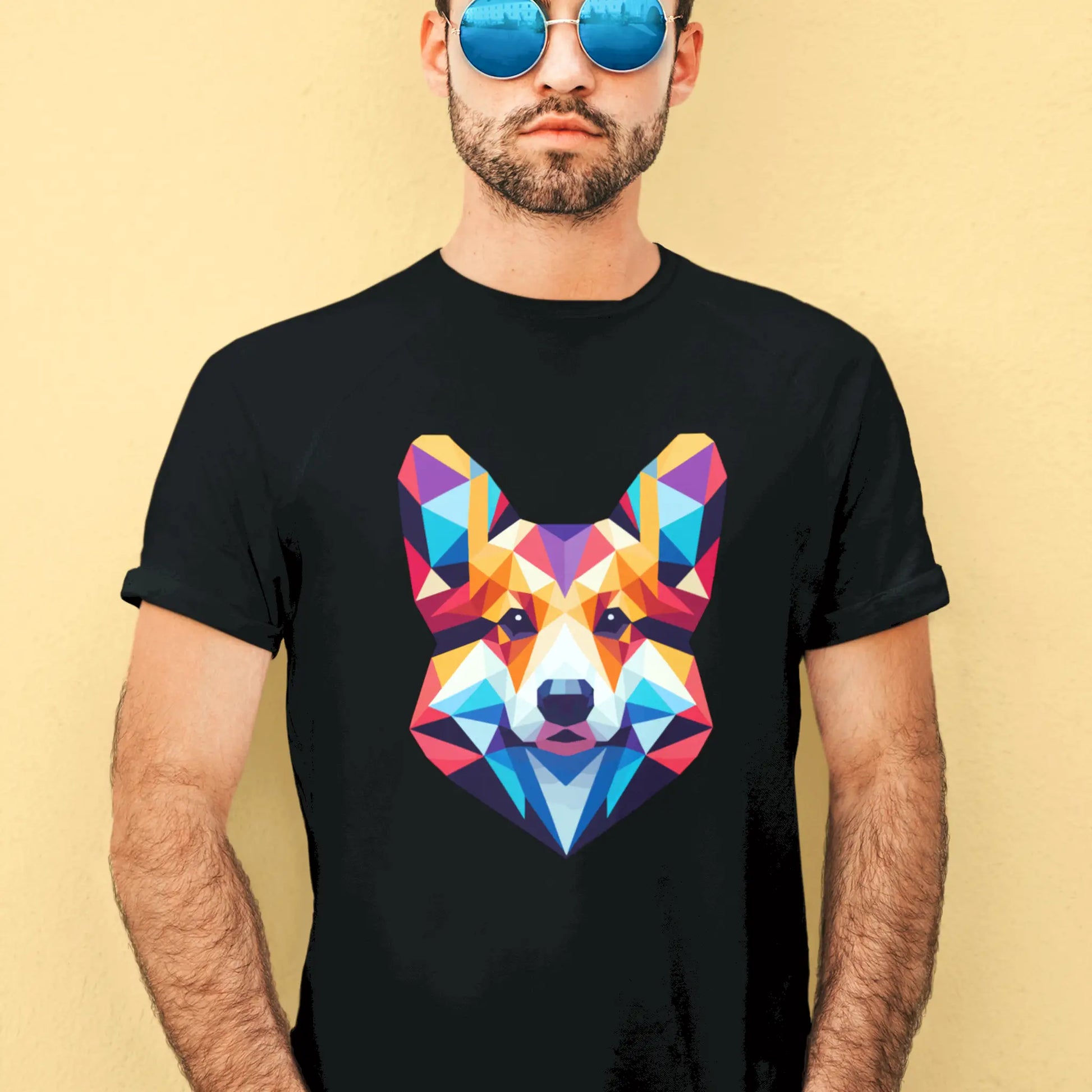 Bold geometric Corgi print stands out vividly on this black unisex t-shirt – Γεωμετρικό Corgi σχέδιο που ξεχωρίζει πάνω στο μαύρο μπλουζάκι με εντυπωσιακή ένταση